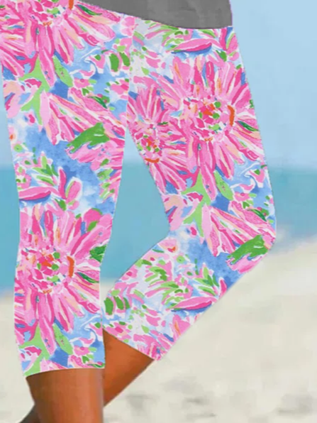 Women Floral Capris Elastic Waist Pants Casual Summer Trousers