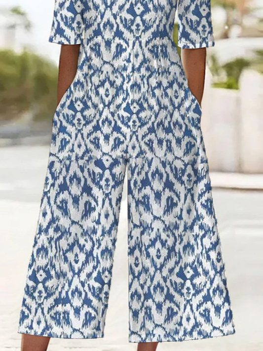 Women Geometric V Neck Half Sleeve Casual Summer Jumpsuit