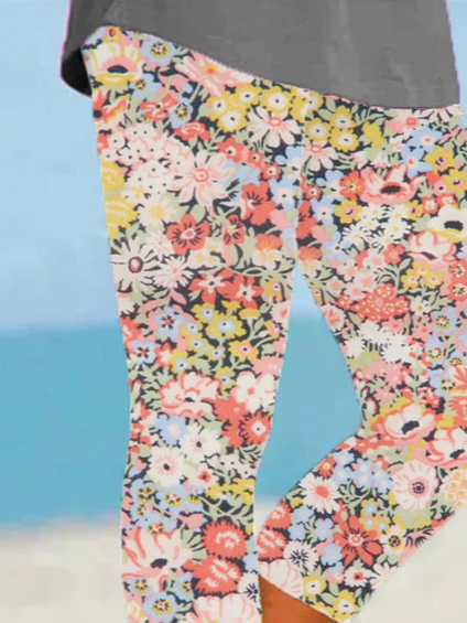 Women Floral Capris Elastic Waist Pants Casual Summer Trousers