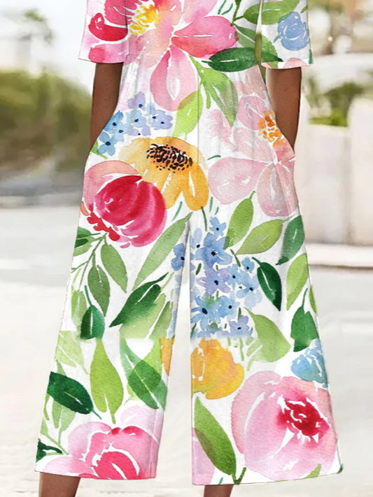 Women Floral V Neck Half Sleeve Casual Summer Jumpsuit