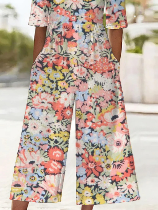 Women Floral V Neck Half Sleeve Casual Summer Jumpsuit