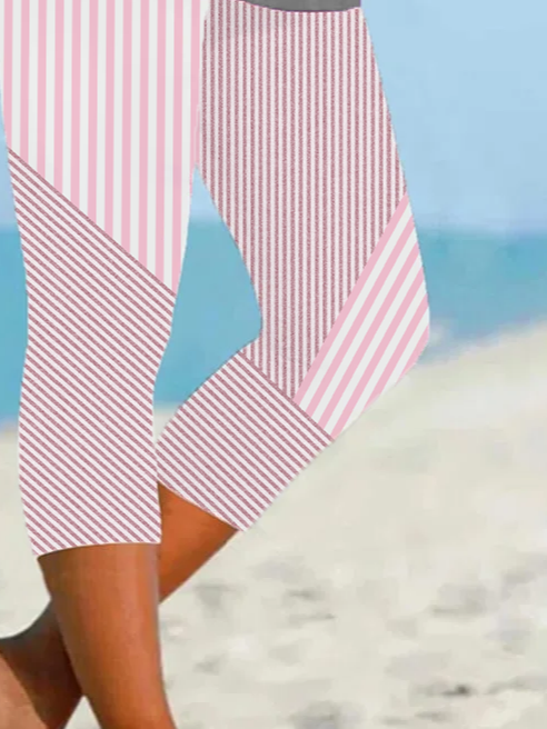 Women Striped Capris Elastic Waist Pants Casual Summer Trousers