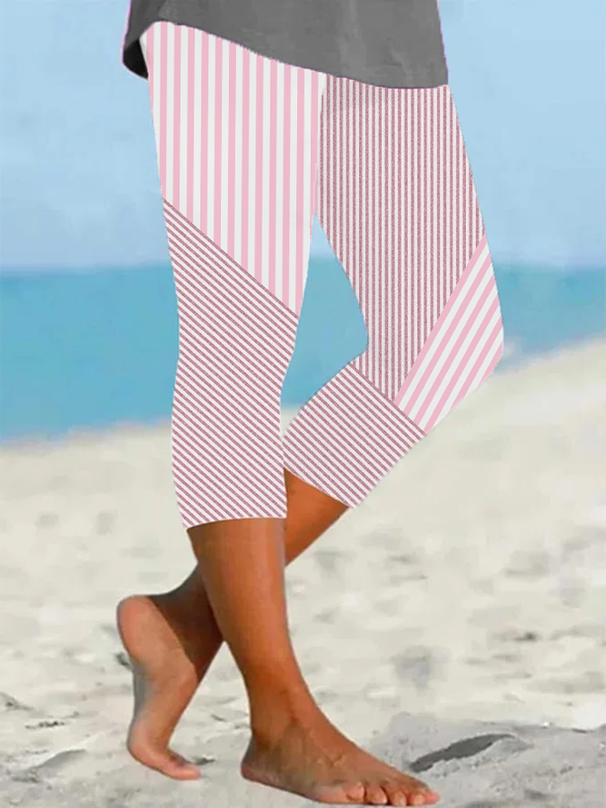 Women Striped Capris Elastic Waist Pants Casual Summer Trousers