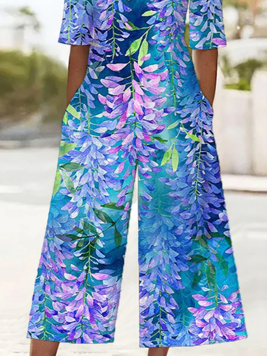 Women Floral V Neck Half Sleeve Casual Summer Jumpsuit