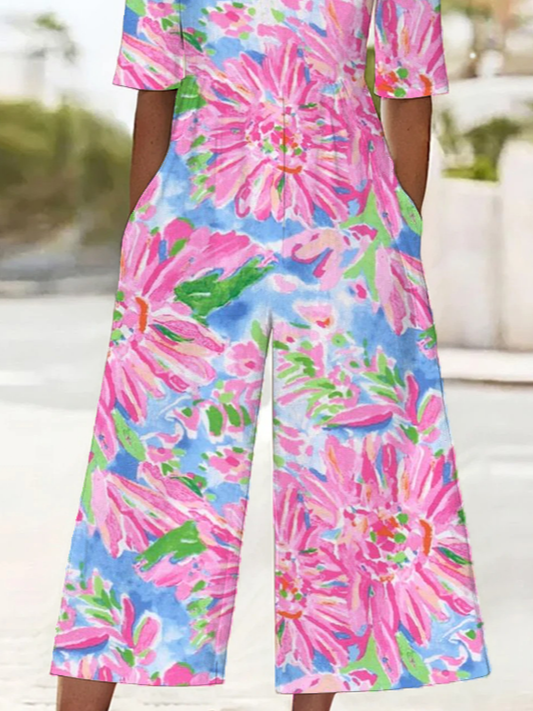 Women Floral V Neck Half Sleeve Casual Summer Jumpsuit