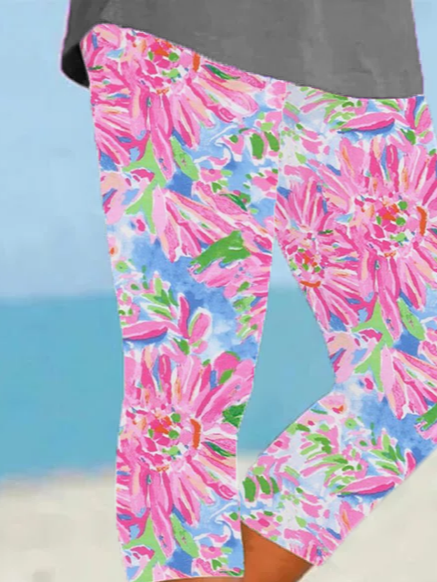 Women Floral Capris Elastic Waist Pants Casual Summer Trousers