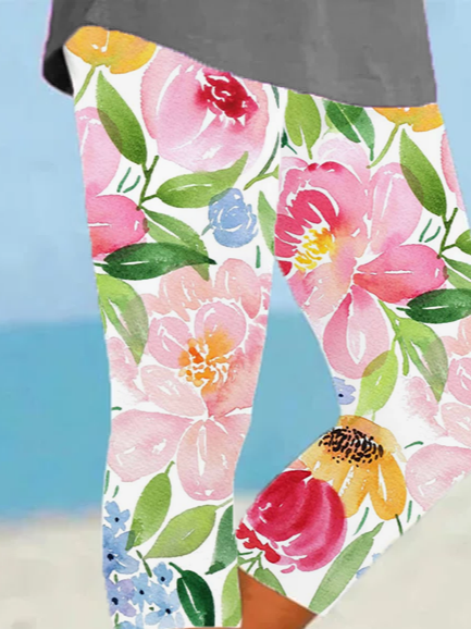 Women Floral Capris Elastic Waist Pants Casual Summer Trousers