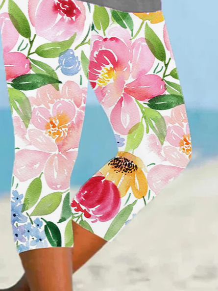 Women Floral Capris Elastic Waist Pants Casual Summer Trousers