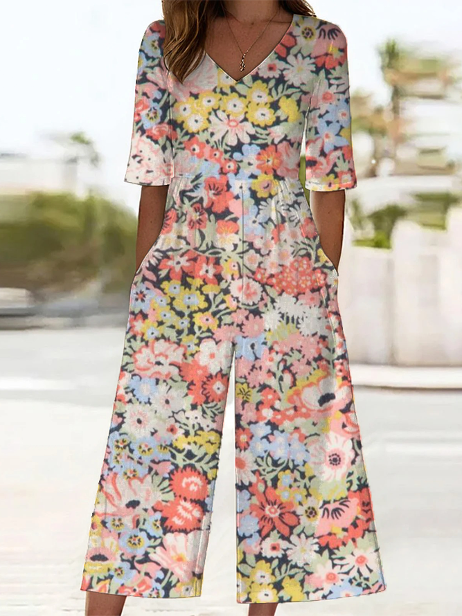 Women Floral V Neck Half Sleeve Casual Summer Jumpsuit