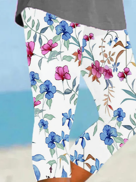 Women Floral Capris Elastic Waist Pants Casual Summer Trousers