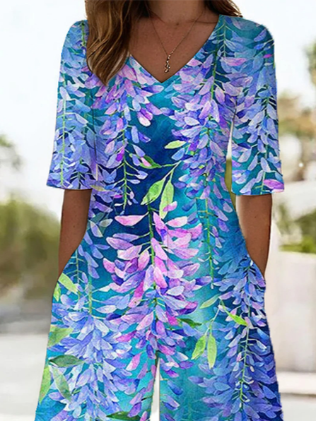 Women Floral V Neck Half Sleeve Casual Summer Jumpsuit