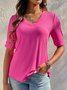 Women's Half Sleeve T-shirt Summer Plain Ribbed V Neck Going Out Casual Top Deep Pink 