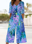 Women Floral V Neck Half Sleeve Casual Summer Jumpsuit